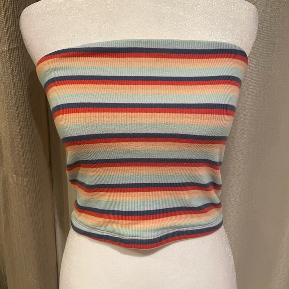 American Eagle Striped Ribbed Tube Top XS Multicolor Stretch Strapless Crop Top - Picture 2 of 9